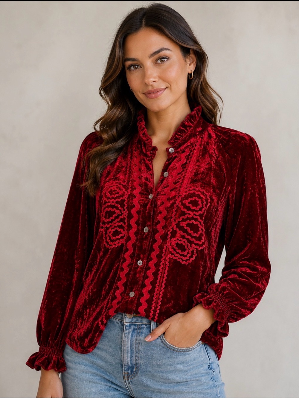 Sister Mary For Ivy Jane Red Velvet Long Sleeve Button-Up Women’s Blouse Sz S